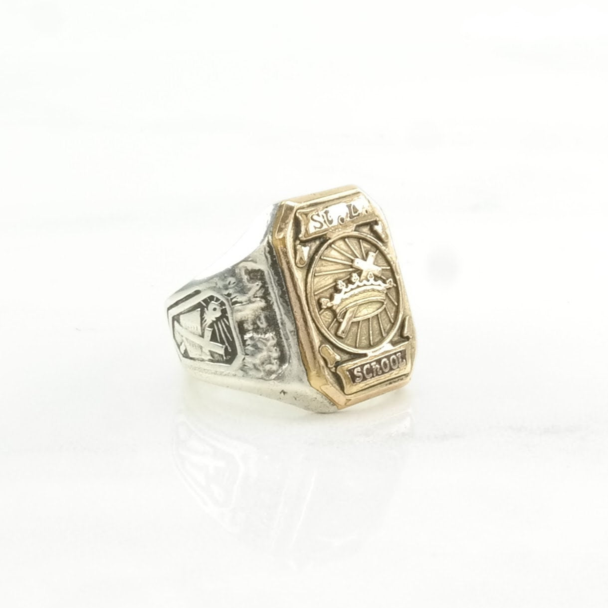 Vintage Almost Antique Silver Ring 1948, Gold Top St. L School, Cross, Crown Sterling Size 3 3/4