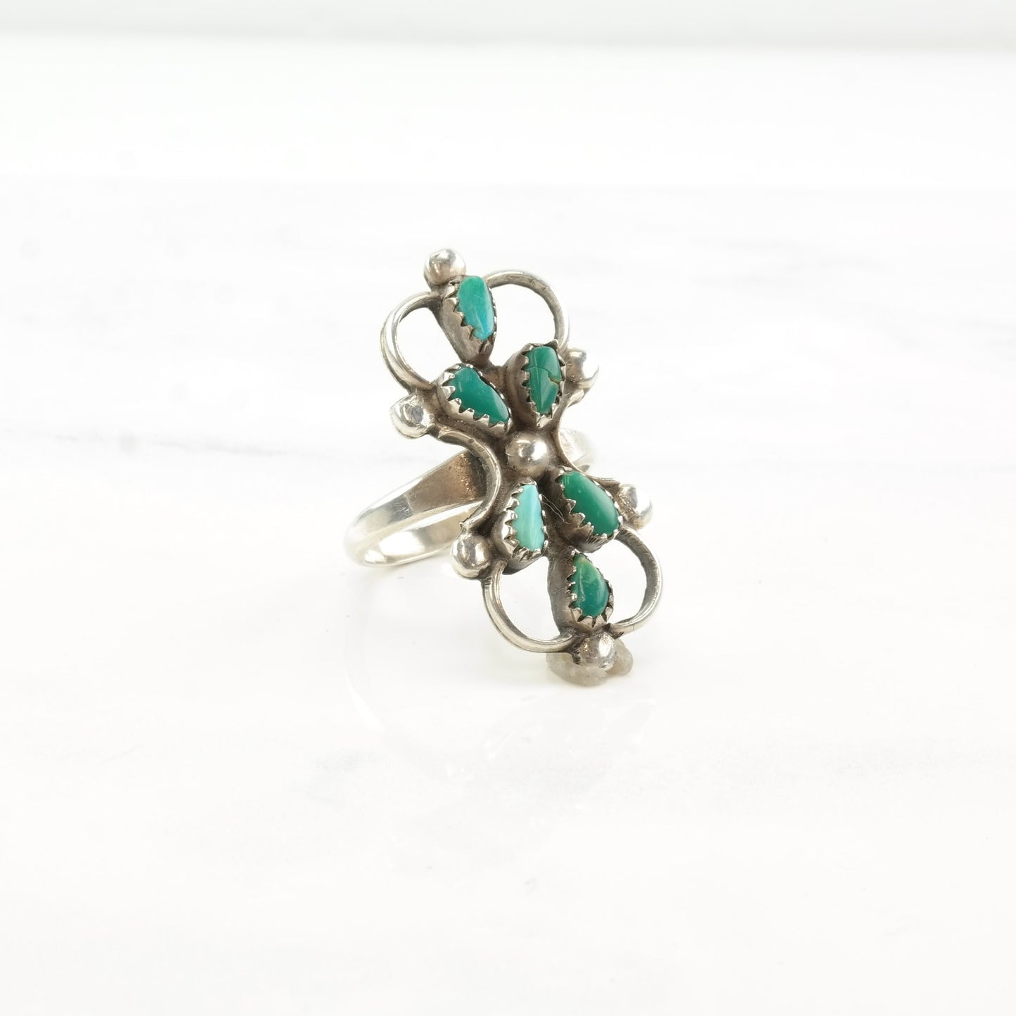 Vintage Native American Silver Ring Turquoise Cluster Zuni Sterling Size 8 1/2