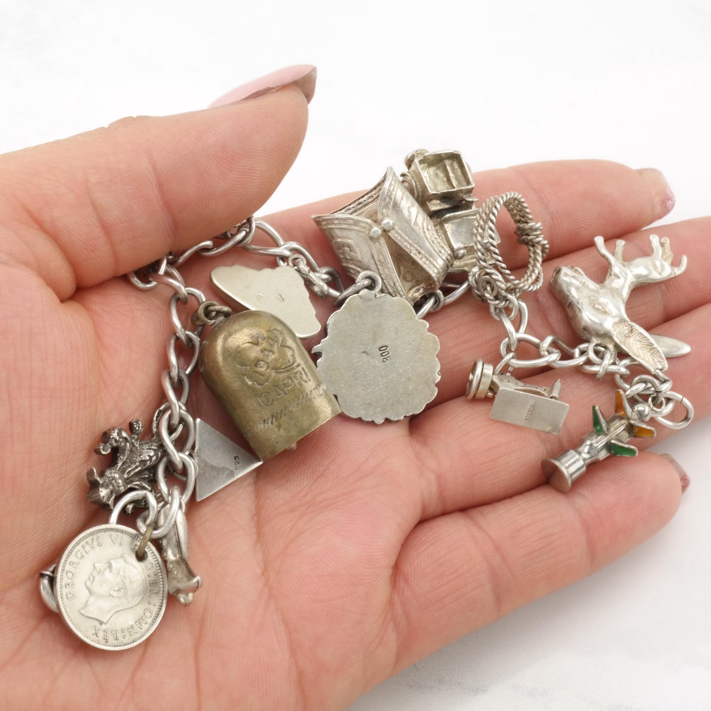 Art Nouveau 16 Charm Bracelet Sterling Silver Military, Angels & Misc