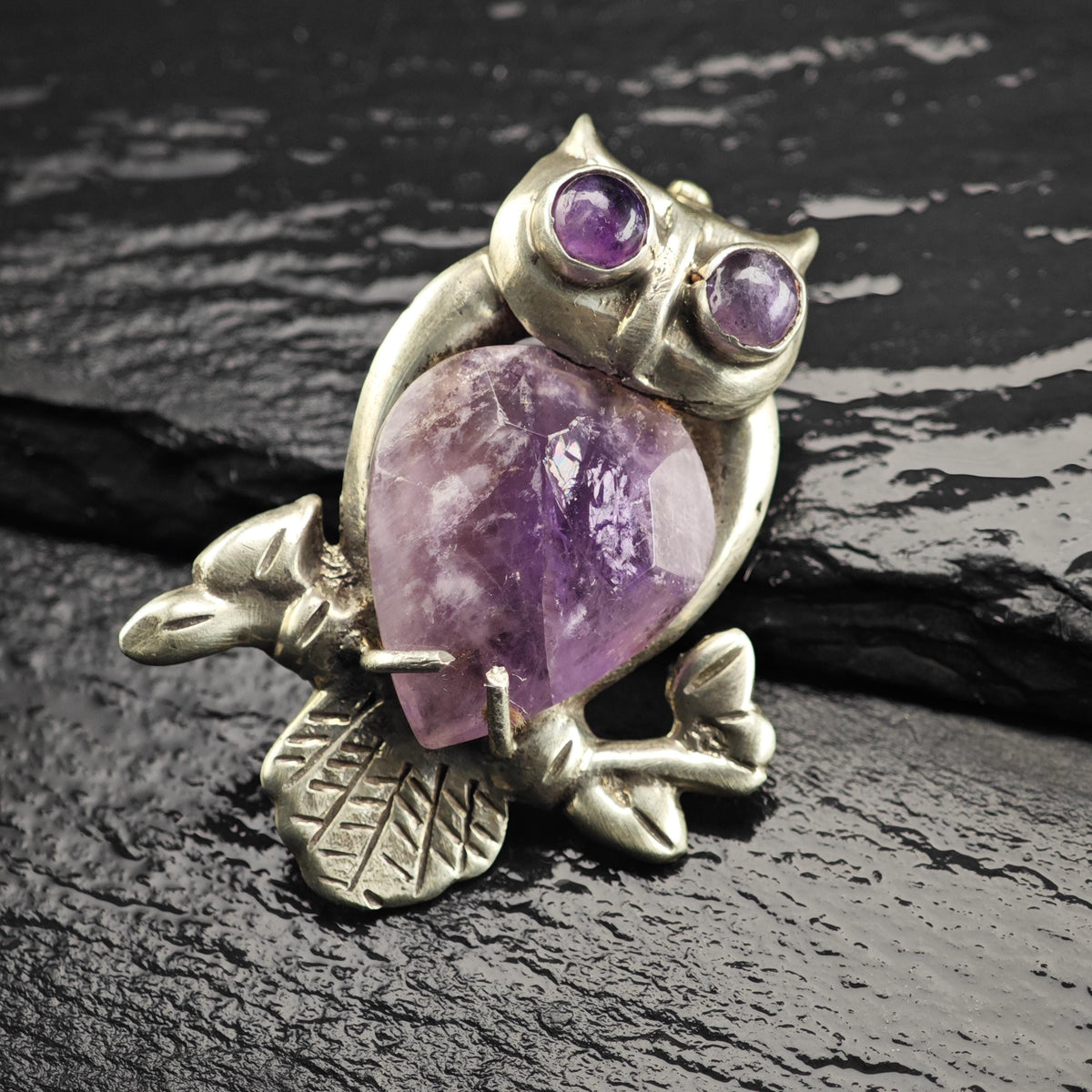 Mexican Amethyst Owl Sterling Silver Brooch B2273