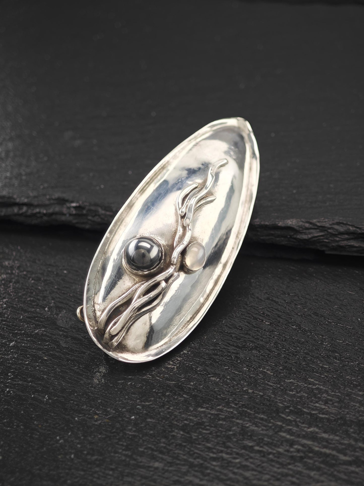 Margaret Ellis Hallow Hematite, Moonstone Brooch/Pendant Sterling Silver