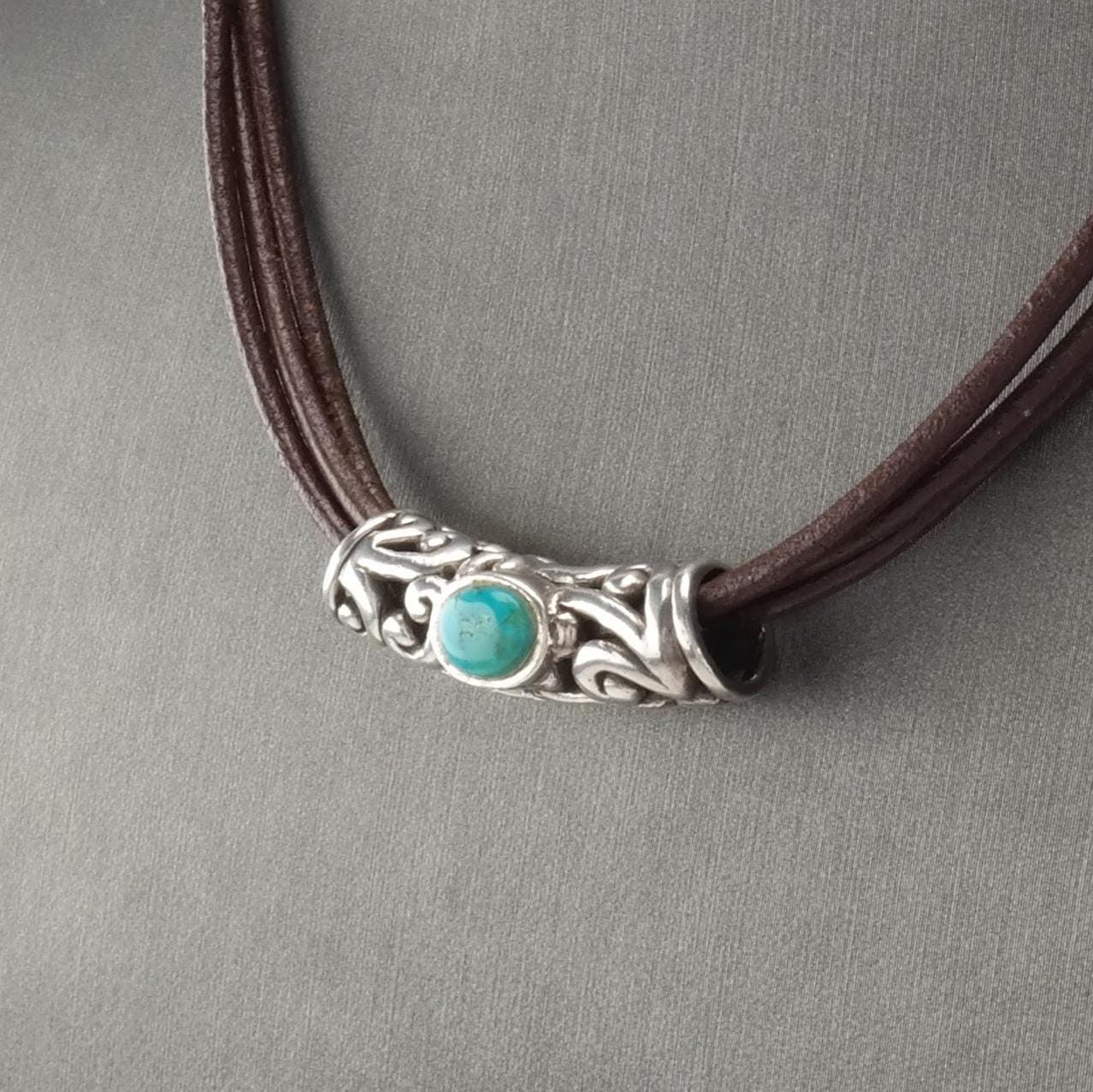 Vintage Sterling Silver Brown, Blue Turquoise 3 Strand Leather Necklace