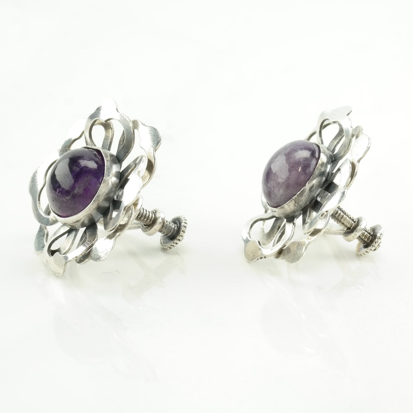 Taxco Style Sterling Silver Amethyst Floral Earrings Screw back