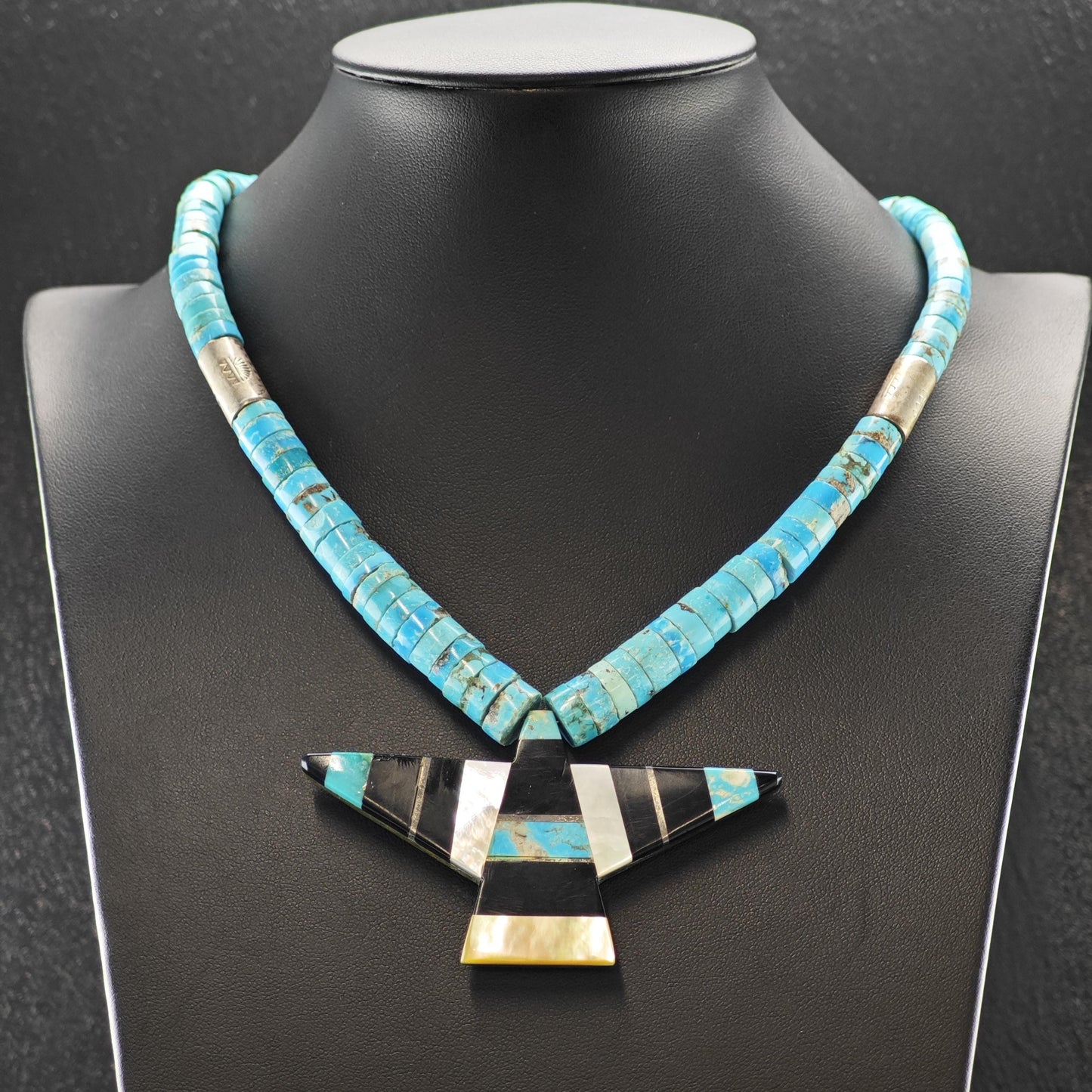 Native American Style Heishi Necklace Turquoise Onyx Graduated Beads 4.9-10.5mm N2665