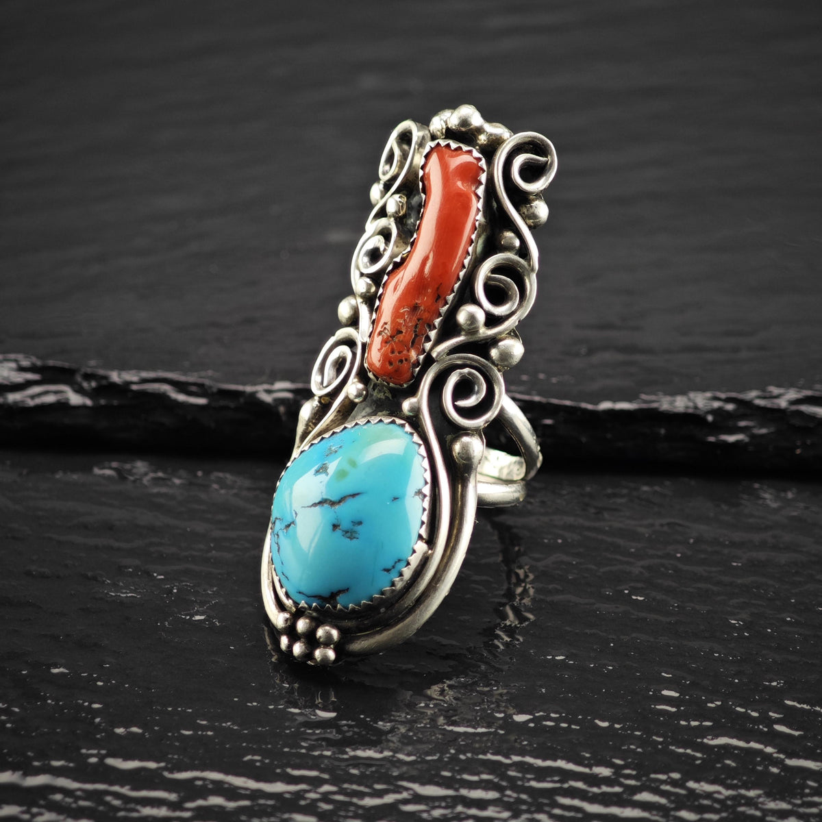 Native American Large Turquoise Coral Sterling Silver Ring Sz 8 1/2 R6870