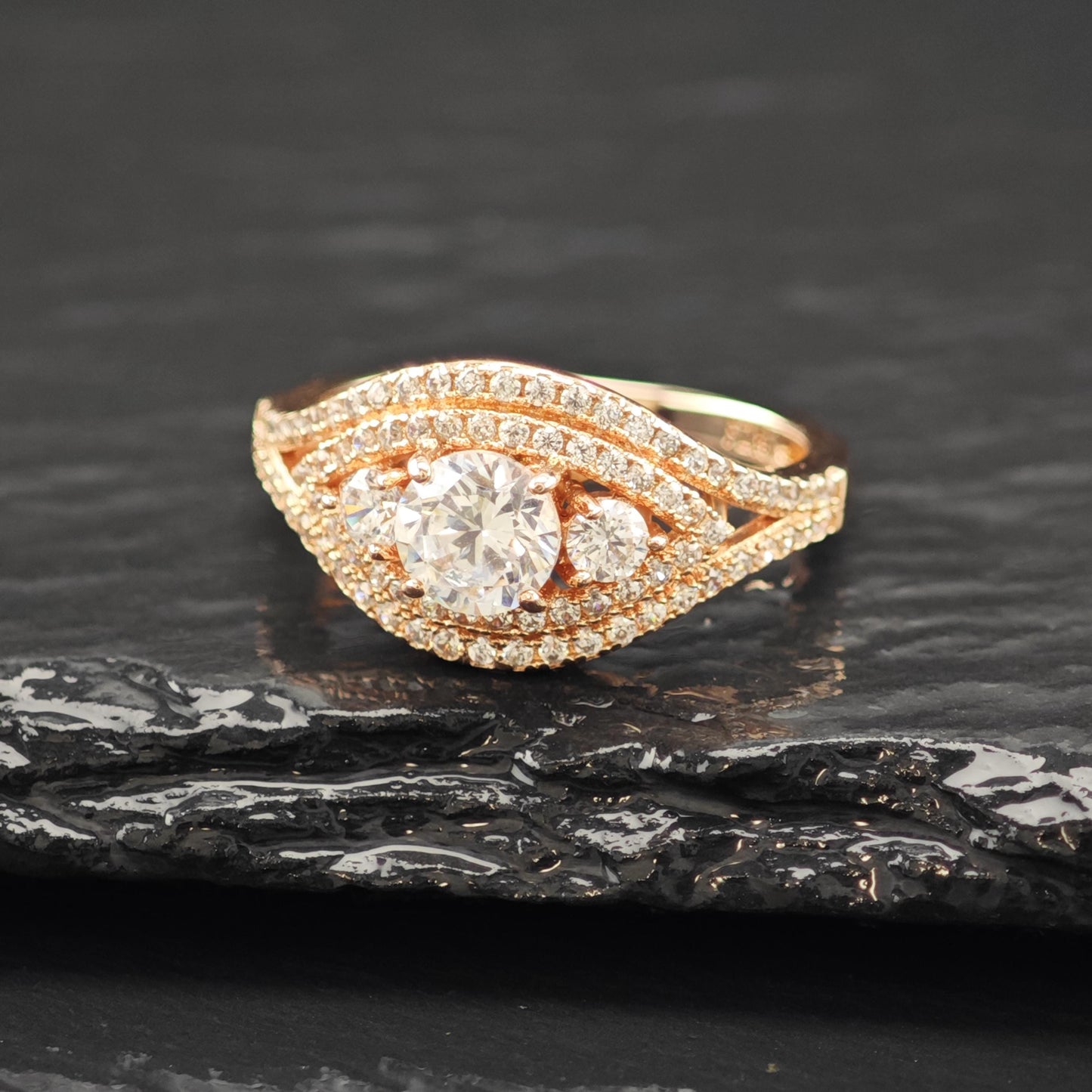CZ 14K Rose Gold Plated Ring Sterling Silver Sz 8 3/4 R6165