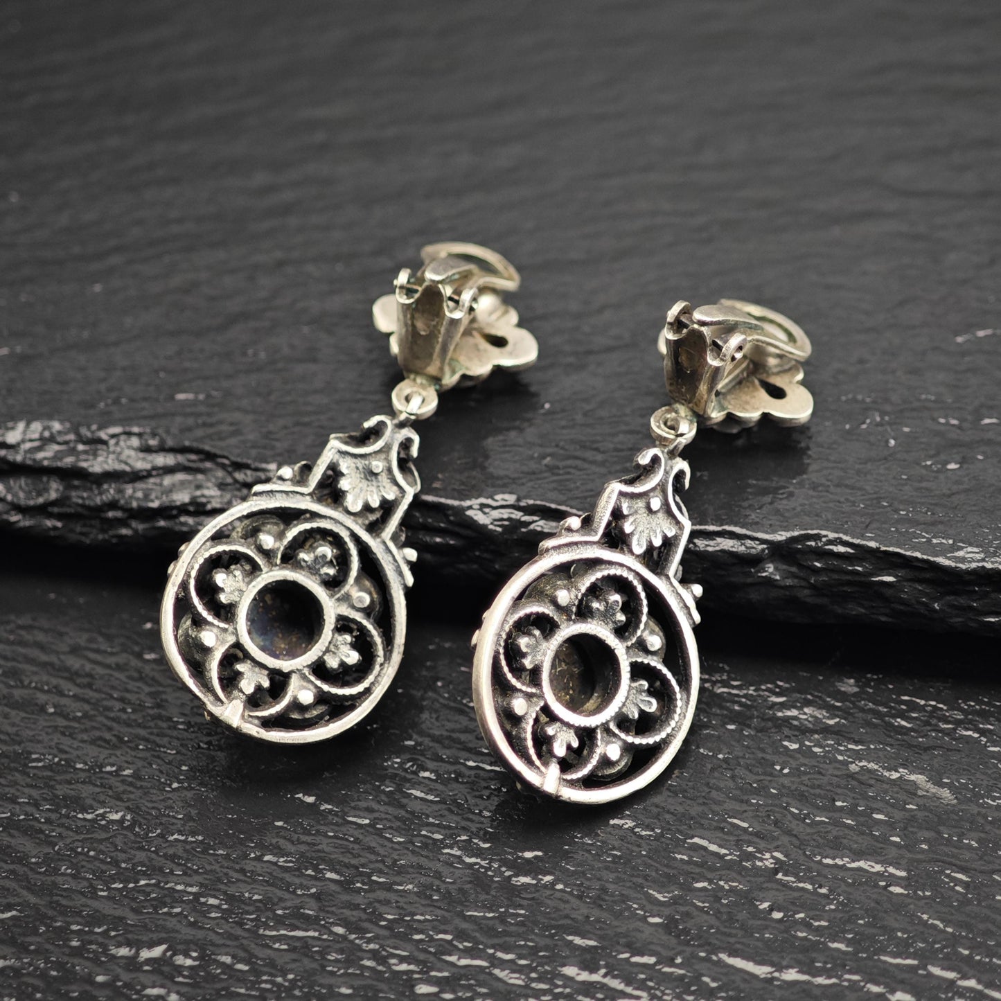 European Art Nouveau Cabochon Amethyst, Pearl Clip On Sterling Silver Earrings ER3197