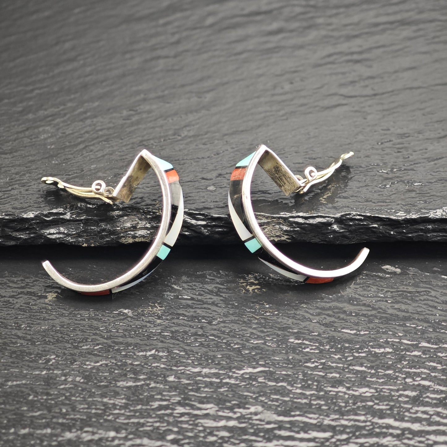 Vintage Native American Zuni Inlay, Half Hoop Clip On Earrings Sterling Silver ER3107