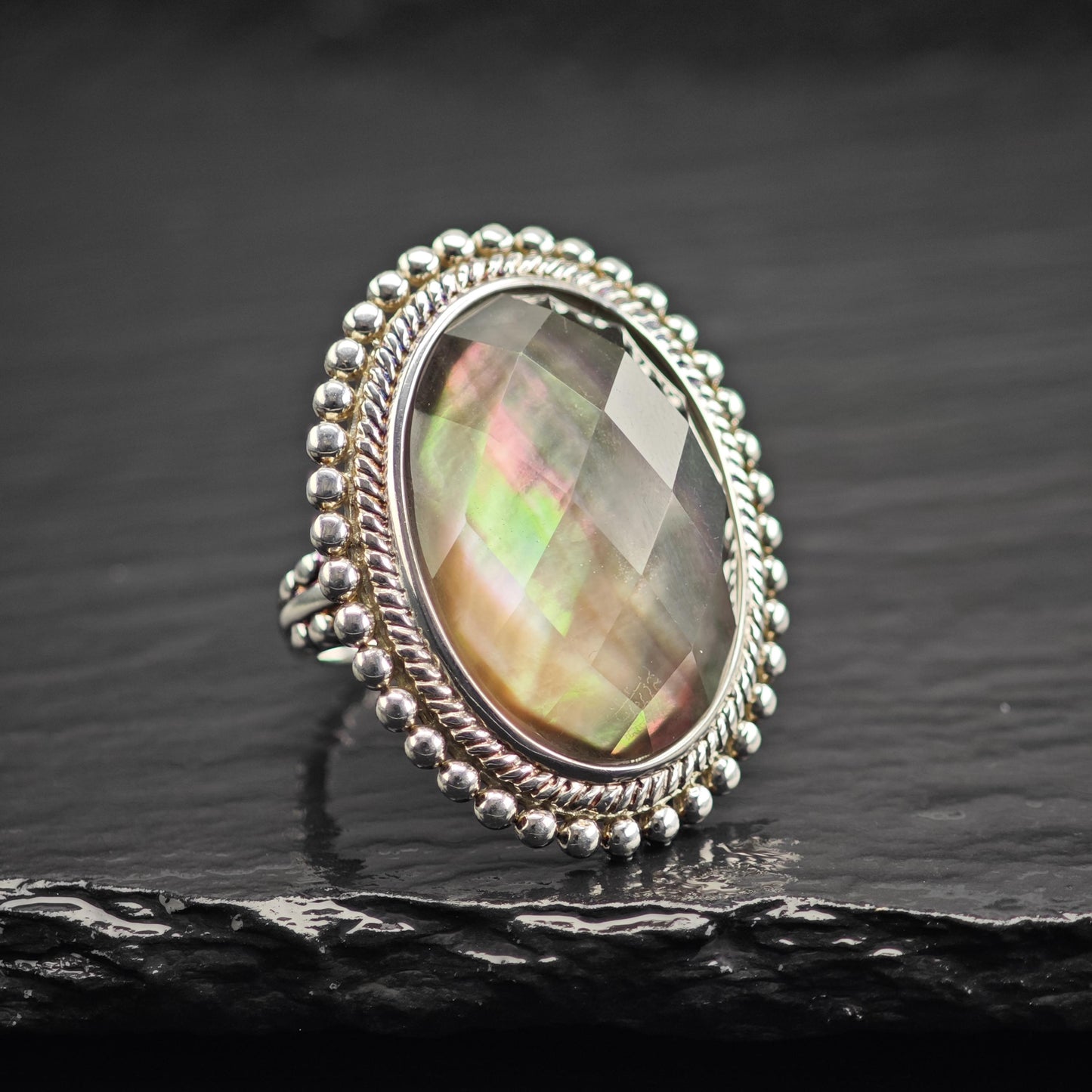 Mother of Pearl Doublet Ring Sterling Silver Sz 8 R6616