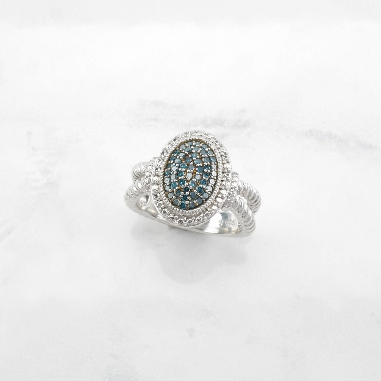 Sterling Silver Ring, Diamond Oval shape Blue Size 5