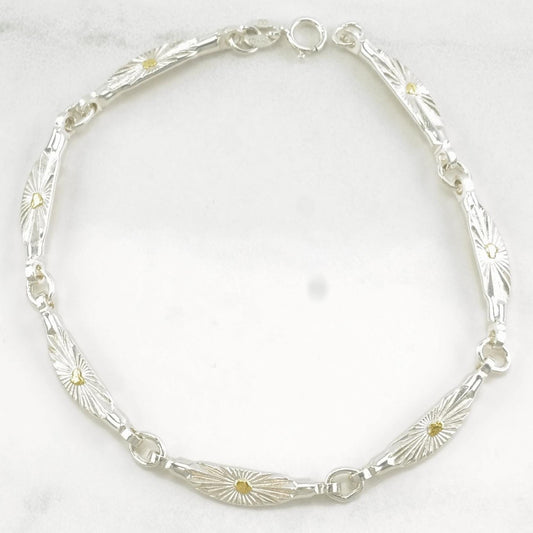 Vintage Southwest Sterling Silver Link Bracelet Gold Toned Accents