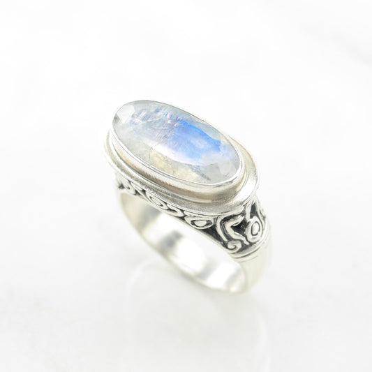 Vintage Rainbow Moonstone Filigree Sterling Silver Ring Size 7