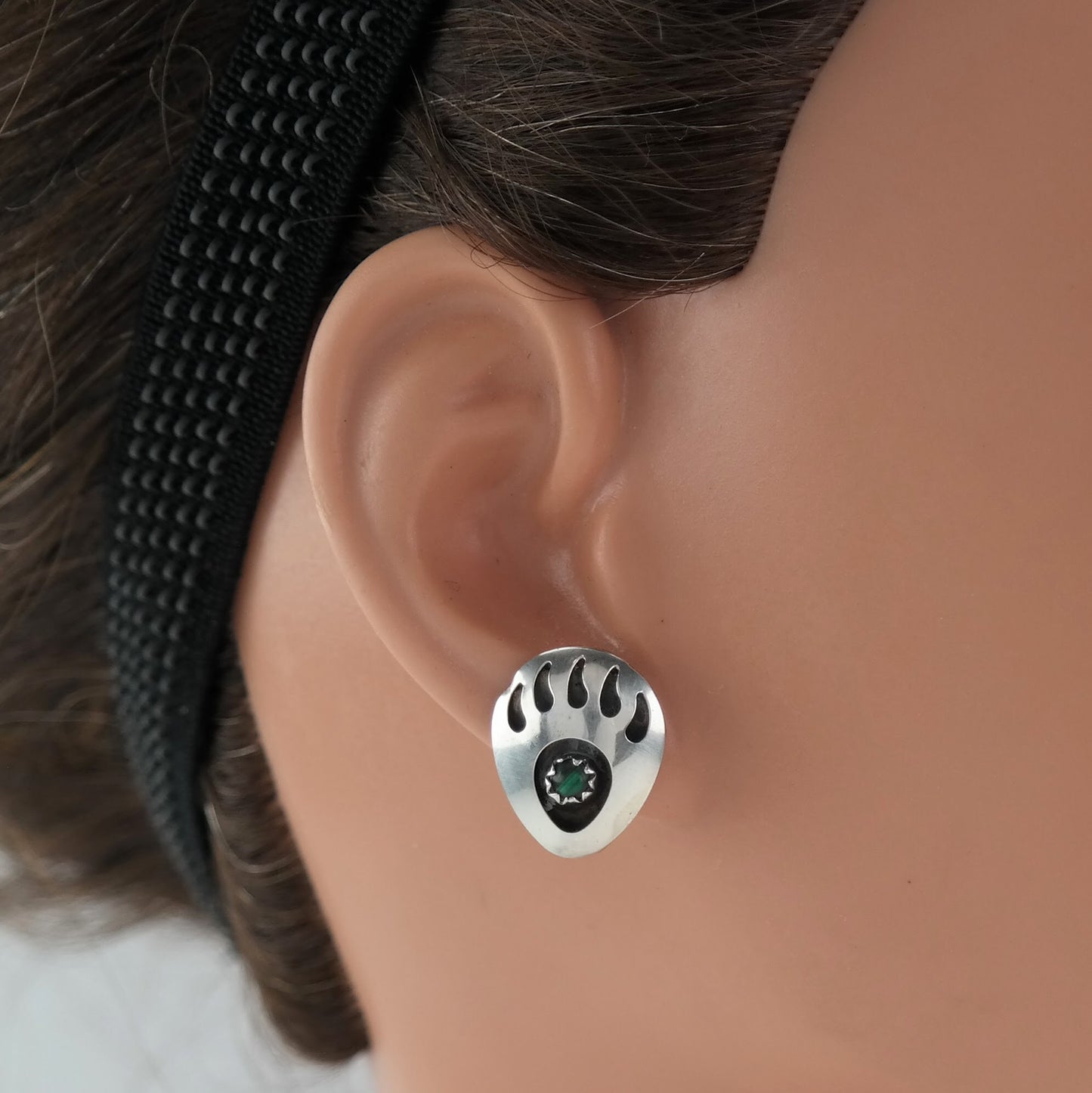 Southwest Sterling Silver Malachite Bear Paw Earrings Stud