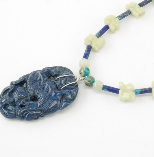 Vintage Sterling Silver & Jade Necklace | Carved Lapis Lazuli Dragon Pendant | White Jade Beads | Boho Chic | 24"