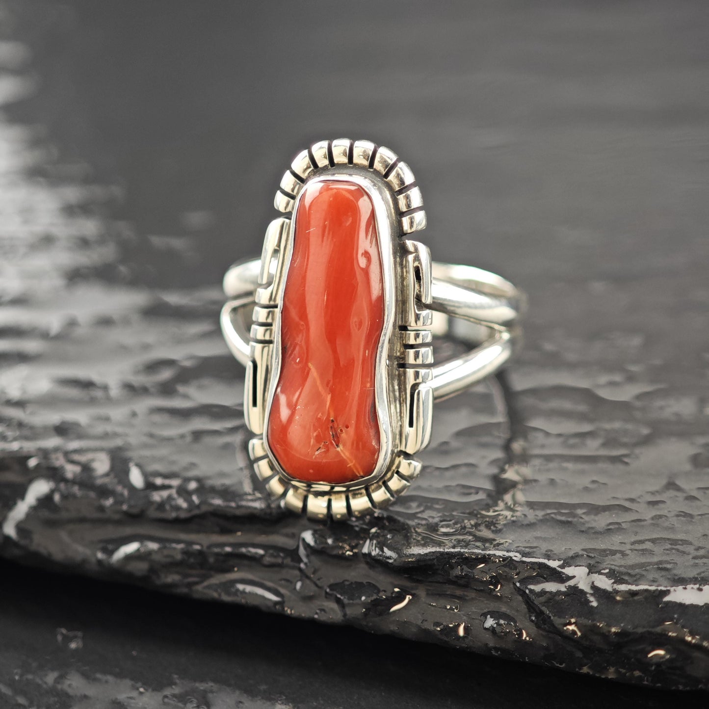 Native American Long Coral Ring Sterling Silver Size 9
