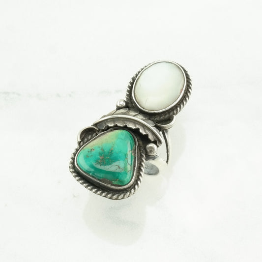 Native American Silver Ring Turquoise, MOP Floral Sterling Blue, White Size 7 1/2