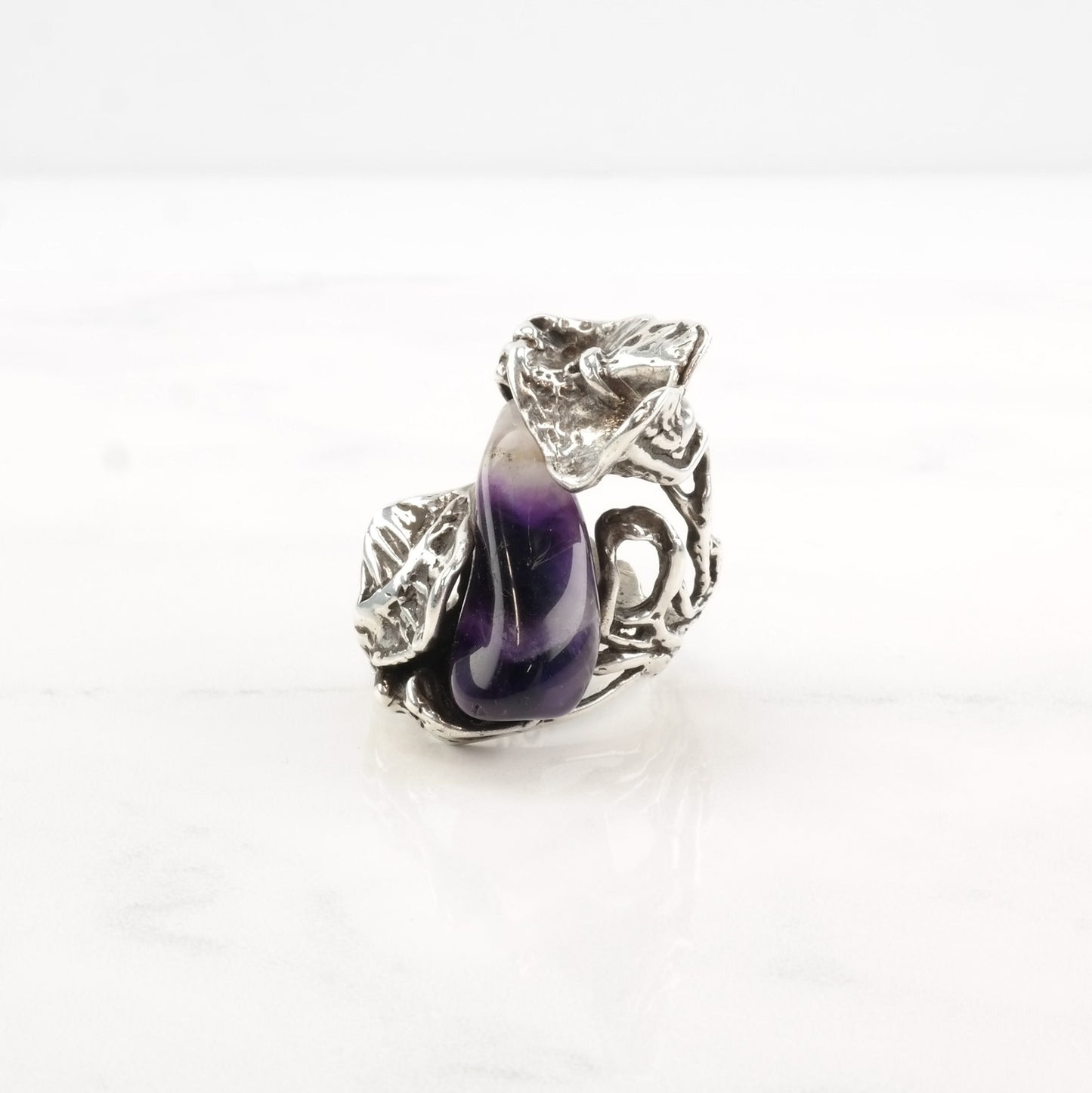 Brutalist Silver Ring Amethyst Leaf Flower Sterling Size 7 1/2