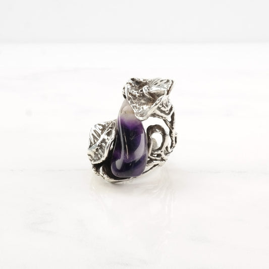 Brutalist Silver Ring Amethyst Leaf Flower Sterling Size 7 1/2