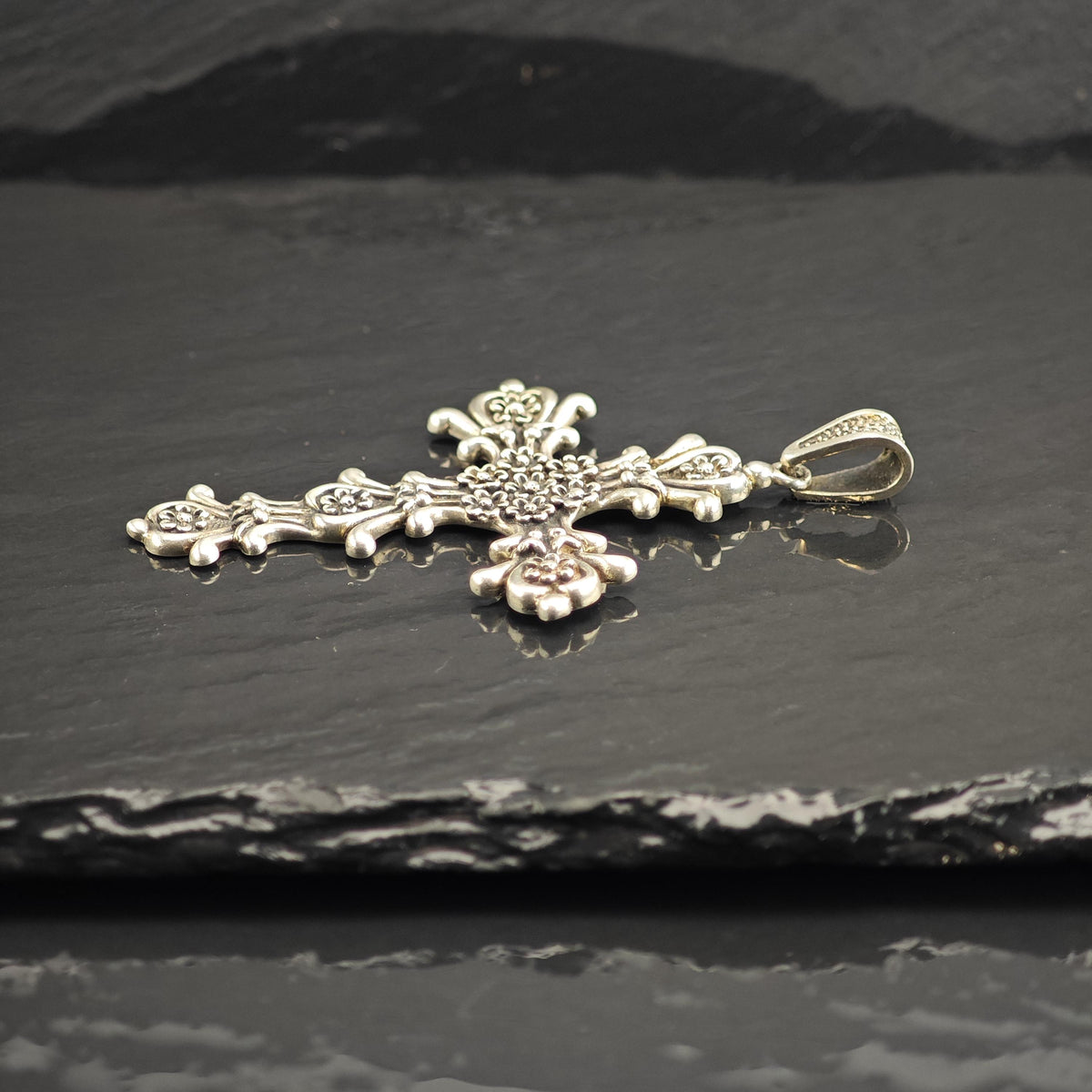 Taxco Floral Cross Sterling Silver Pendant P3138