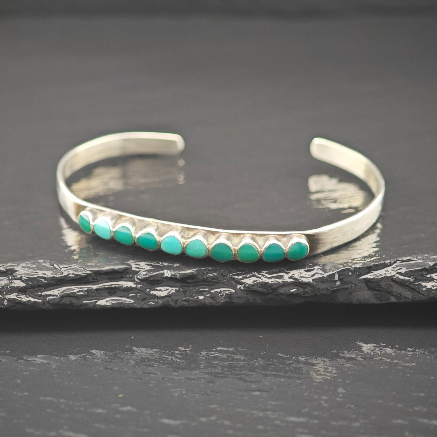 Native American Green Turquoise Inlay Cluster Cuff Bracelet Sterling Silver