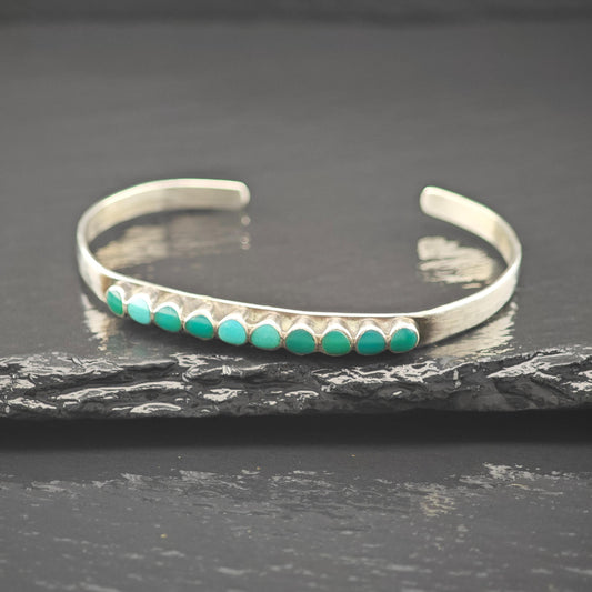 Native American Green Turquoise Inlay Cluster Cuff Bracelet Sterling Silver