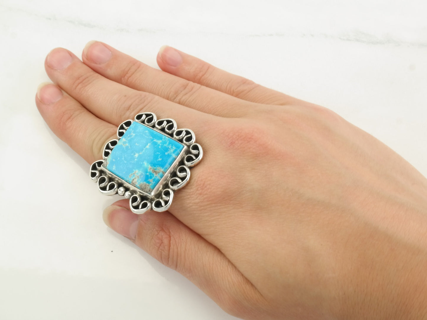 Large Southwest Silver Ring Square Turquoise Sterling Size 8 1/2