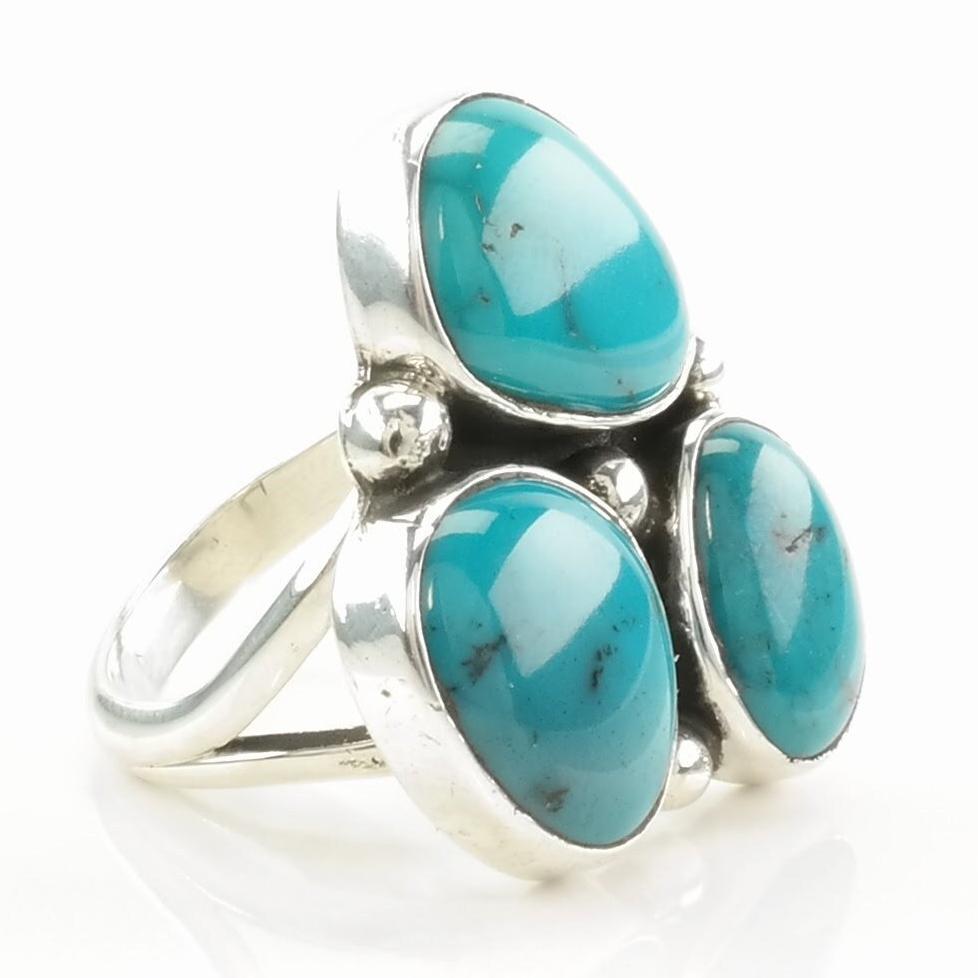 Vintage Sterling Silver Ring Turquoise Three Stone Blue Size 6 1/2