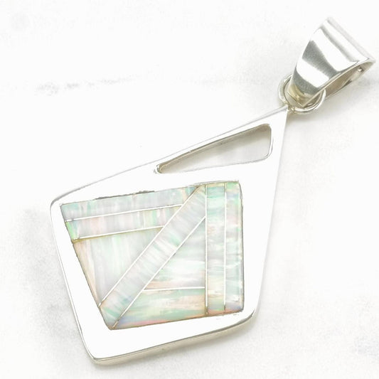 Vintage Lab Opal, Inlay Modernist Sterling Silver Pendant