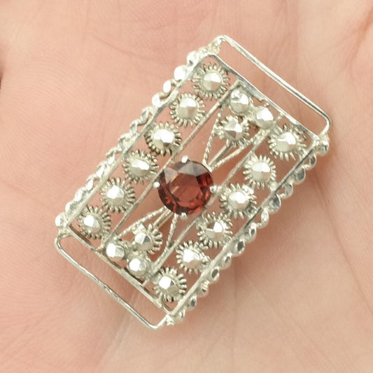 Red Silver Brooch Sunburst Garnet Sterling B1769