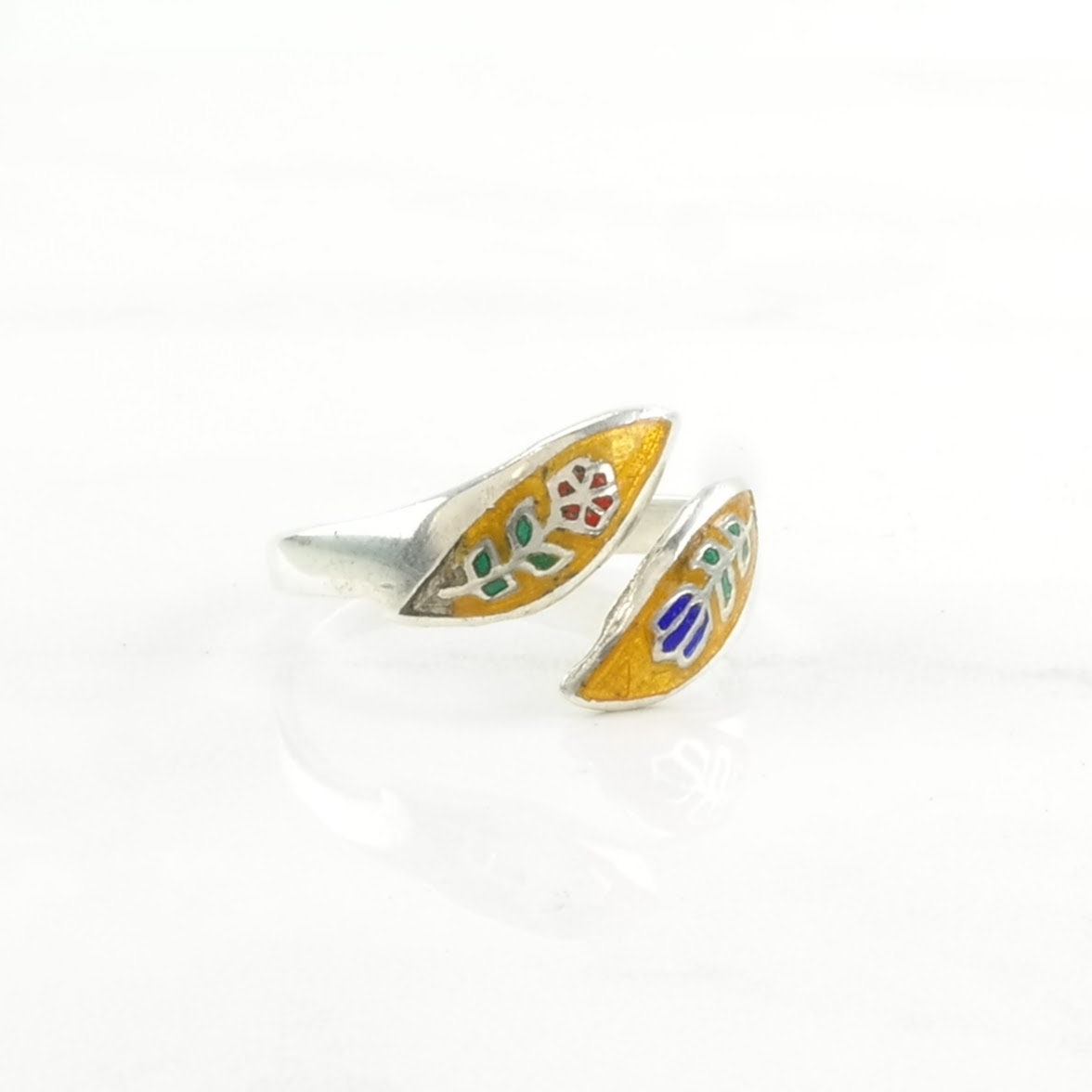 Siam Silver Ring Enamel Floral, Bypass Sterling Yellow Size 9