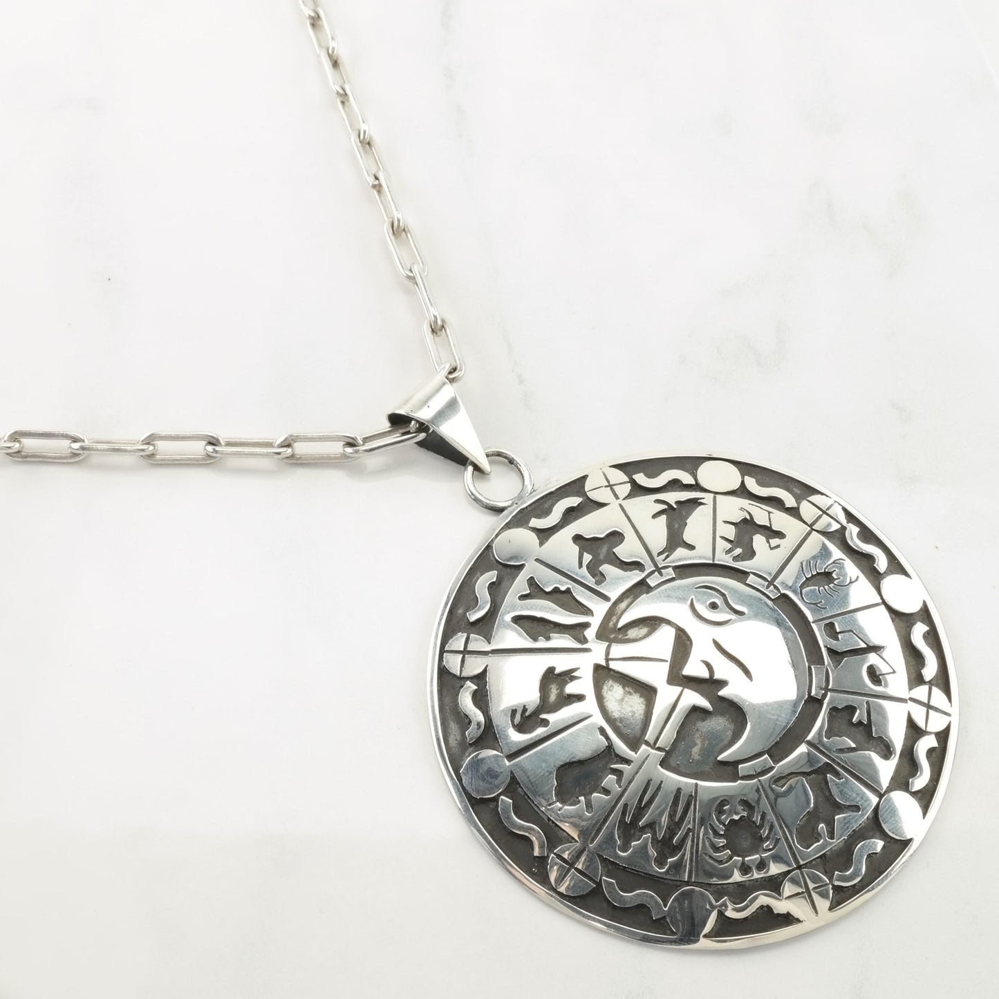 Taxco Zodiac Pendant Necklace, Sterling Silver, Large Round Pendant, Paperclip Chain, 1980s