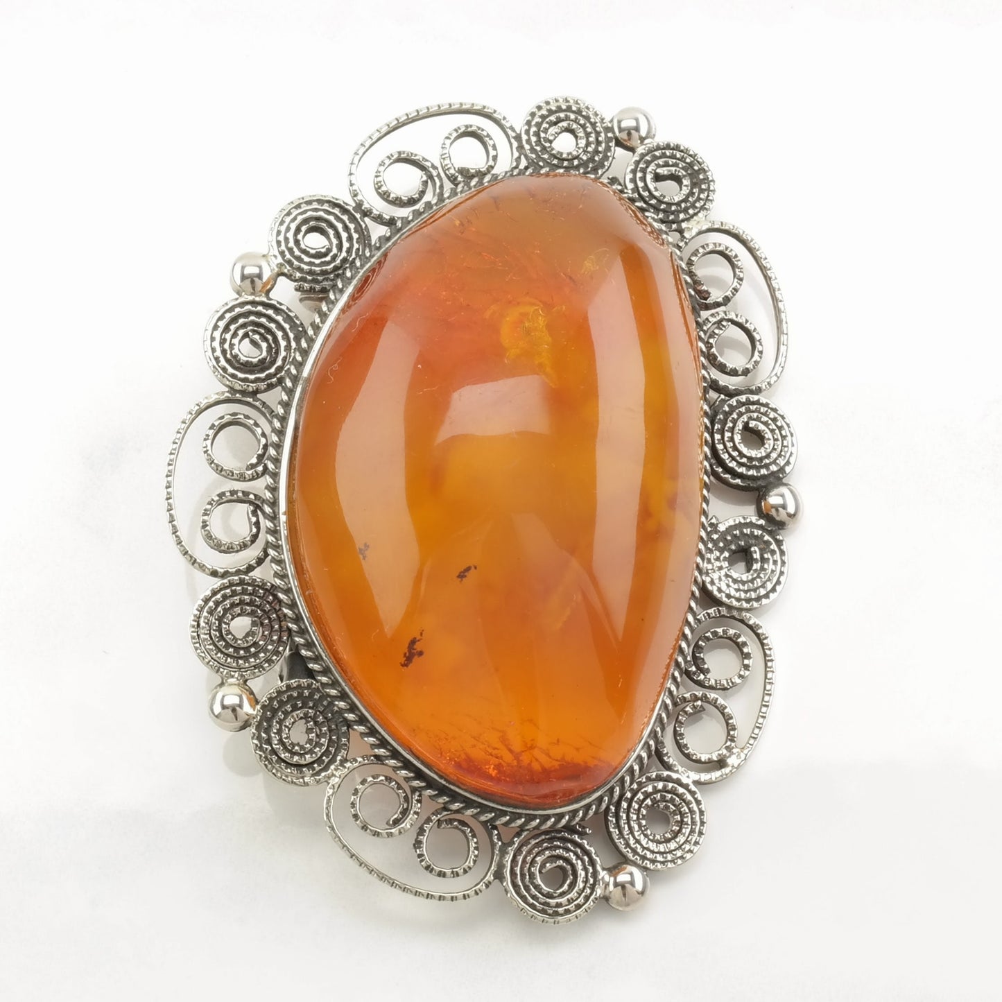 Boho Sterling Silver Brooch Filigree Baltic Amber