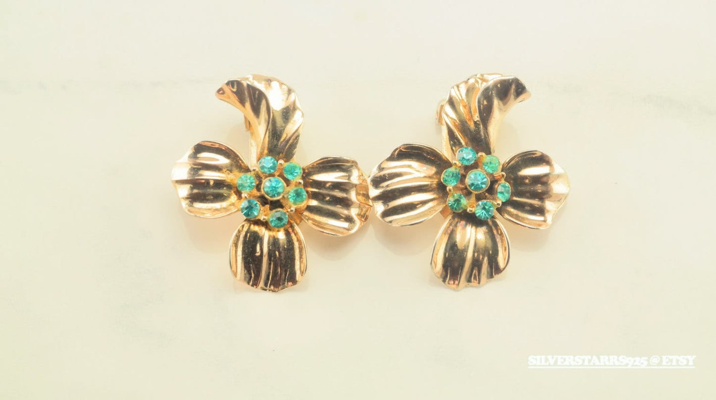 Sterling Silver, Gold Plated Blue CZ Flower Clip On Earrings