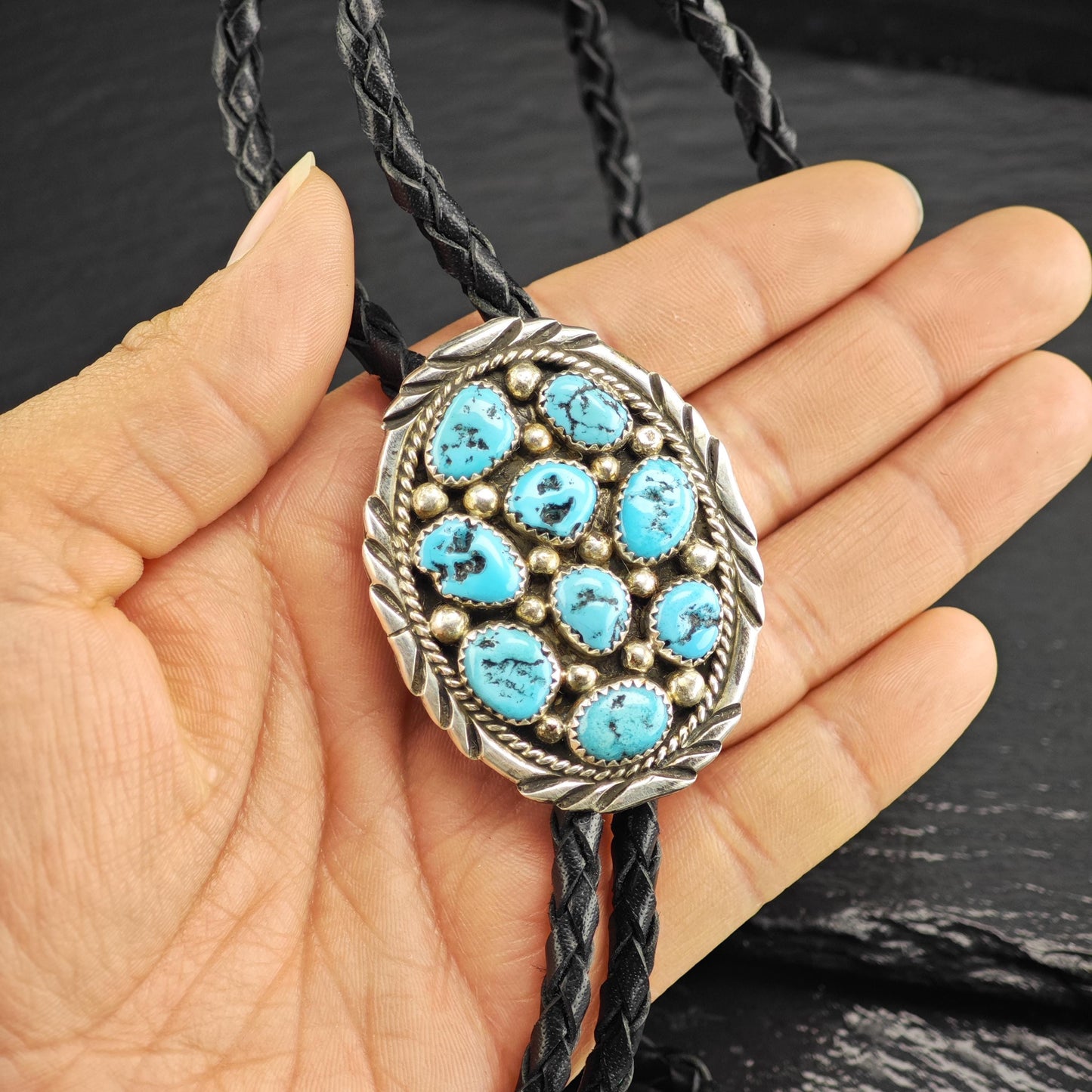 Vintage Native American Sterling Silver Sleeping Beauty Turquoise Cluster Bolo Tie Necklace N2746