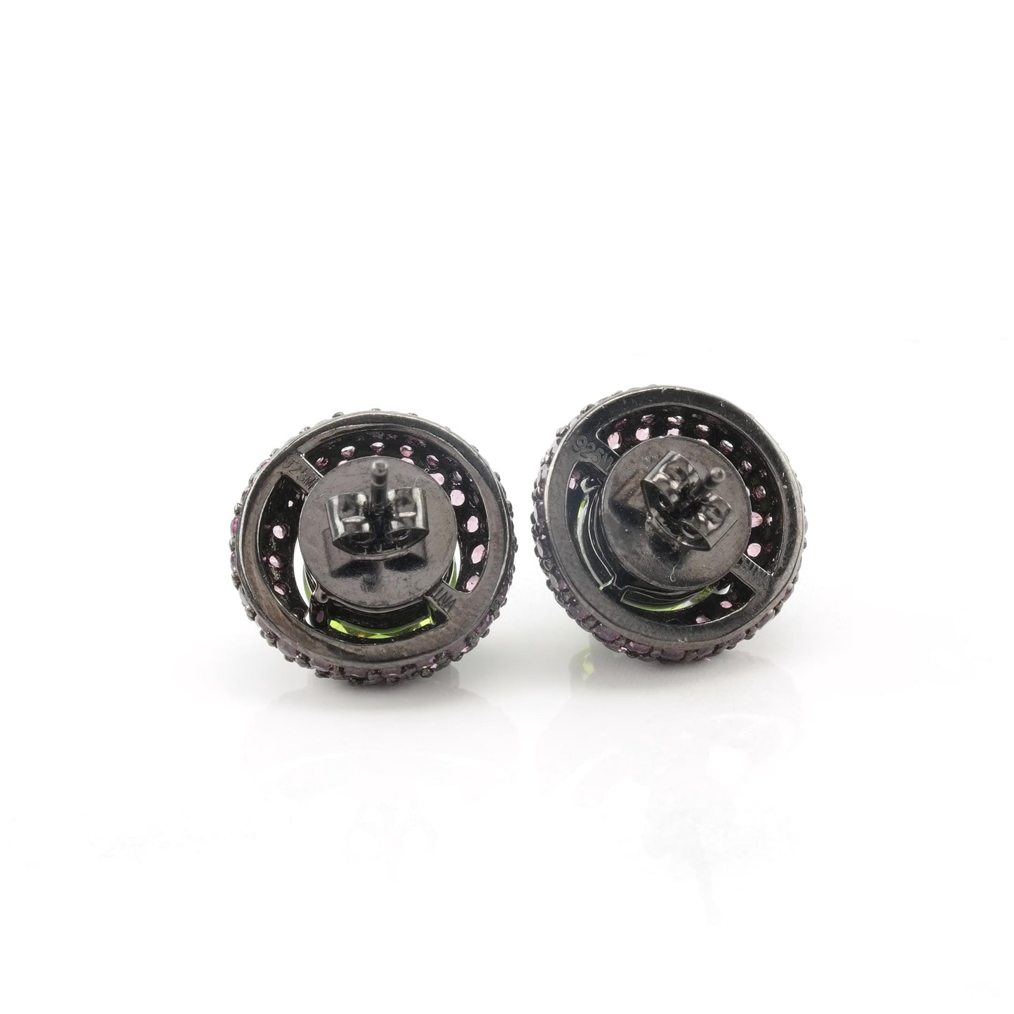 Vintage Oxidized Sterling Silver Stud Earrings Natural Peridot Garnet