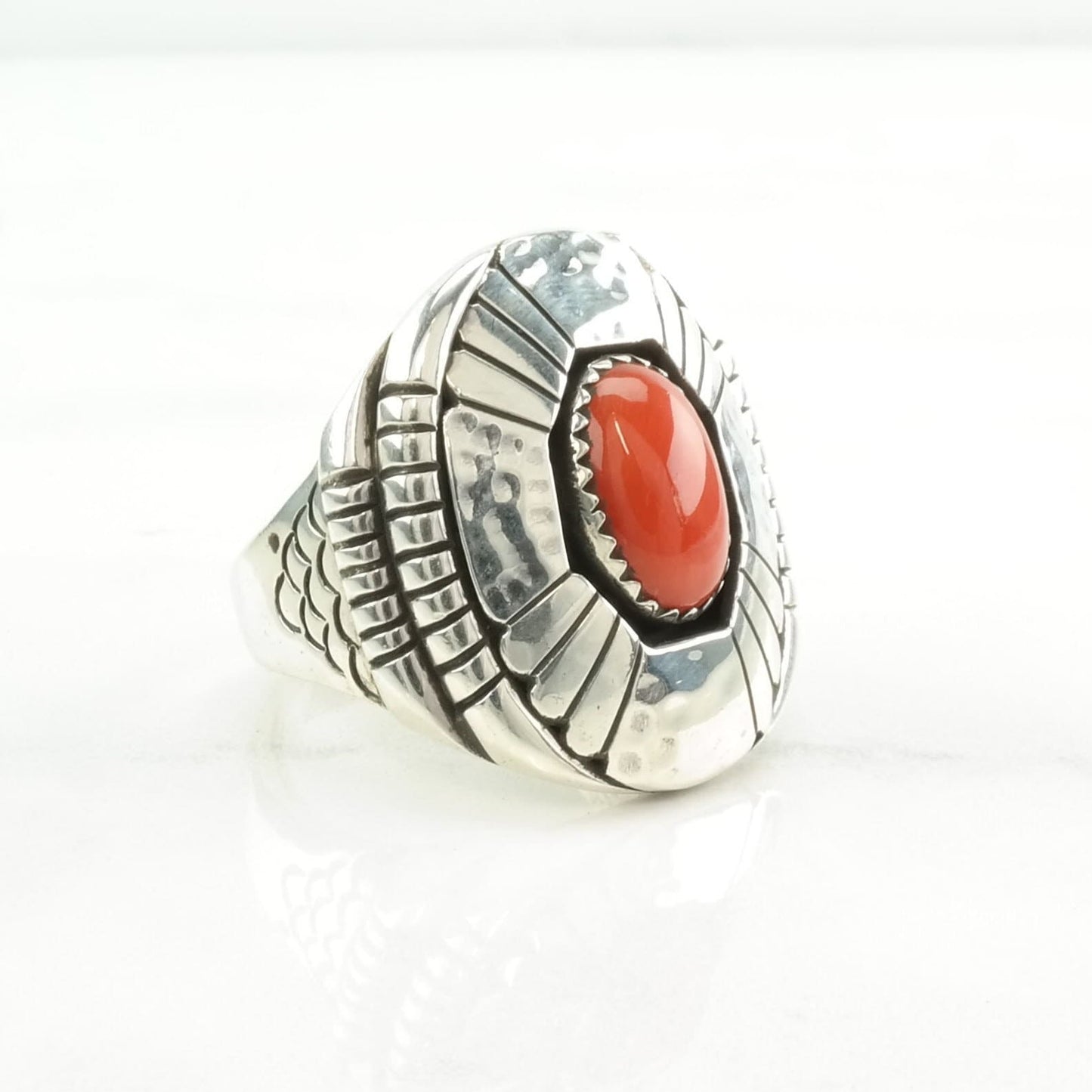 Native American Silver Ring Coral Shadowbox Sterling Red Size 11 1/4