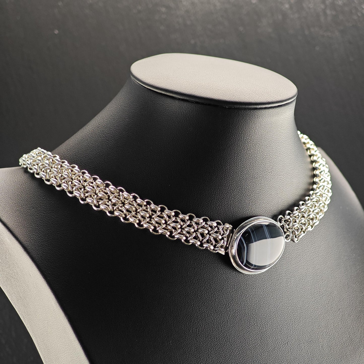 Handmade Designer Black, White Banded Agate Oval Necklace Sterling Silver N2563