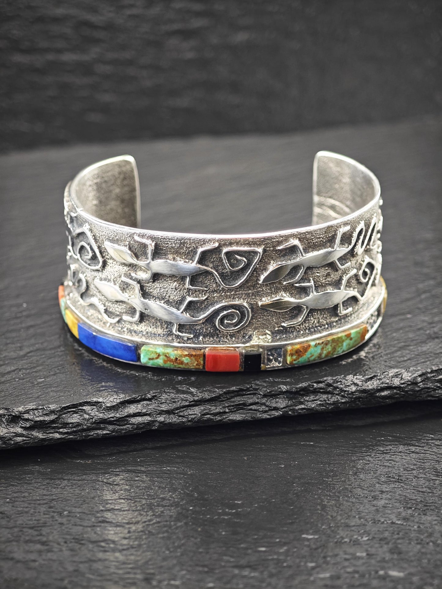 Hopi, Steve LaRance, Native American Tufa Cast Inlay, Lizard Cuff Bracelet Sterling Silver