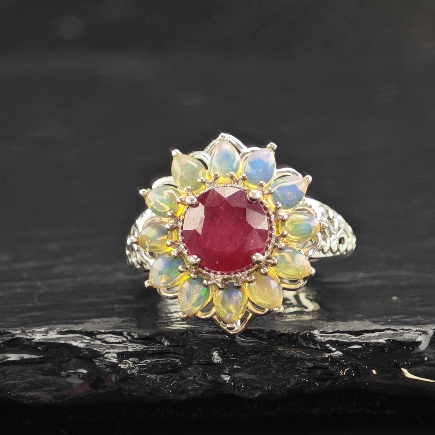 Opal LGF Ruby Flower Design Sterling Silver Ring Sz 5 1/4 R6563