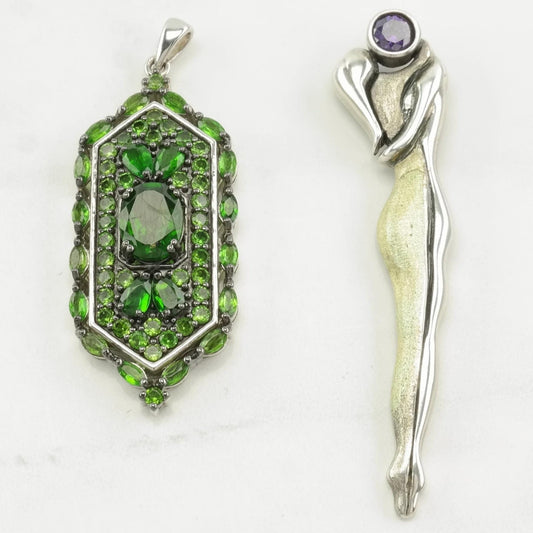 Vintage Green Chrome Diopside, Corundum Enamel Sterling Silver Pendant