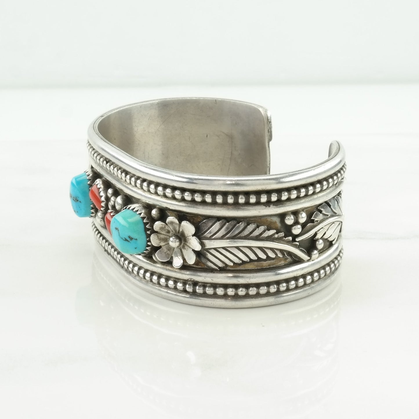 Native American Sterling Silver Cuff Bracelet Blue, Red Turquoise, Coral Leaf