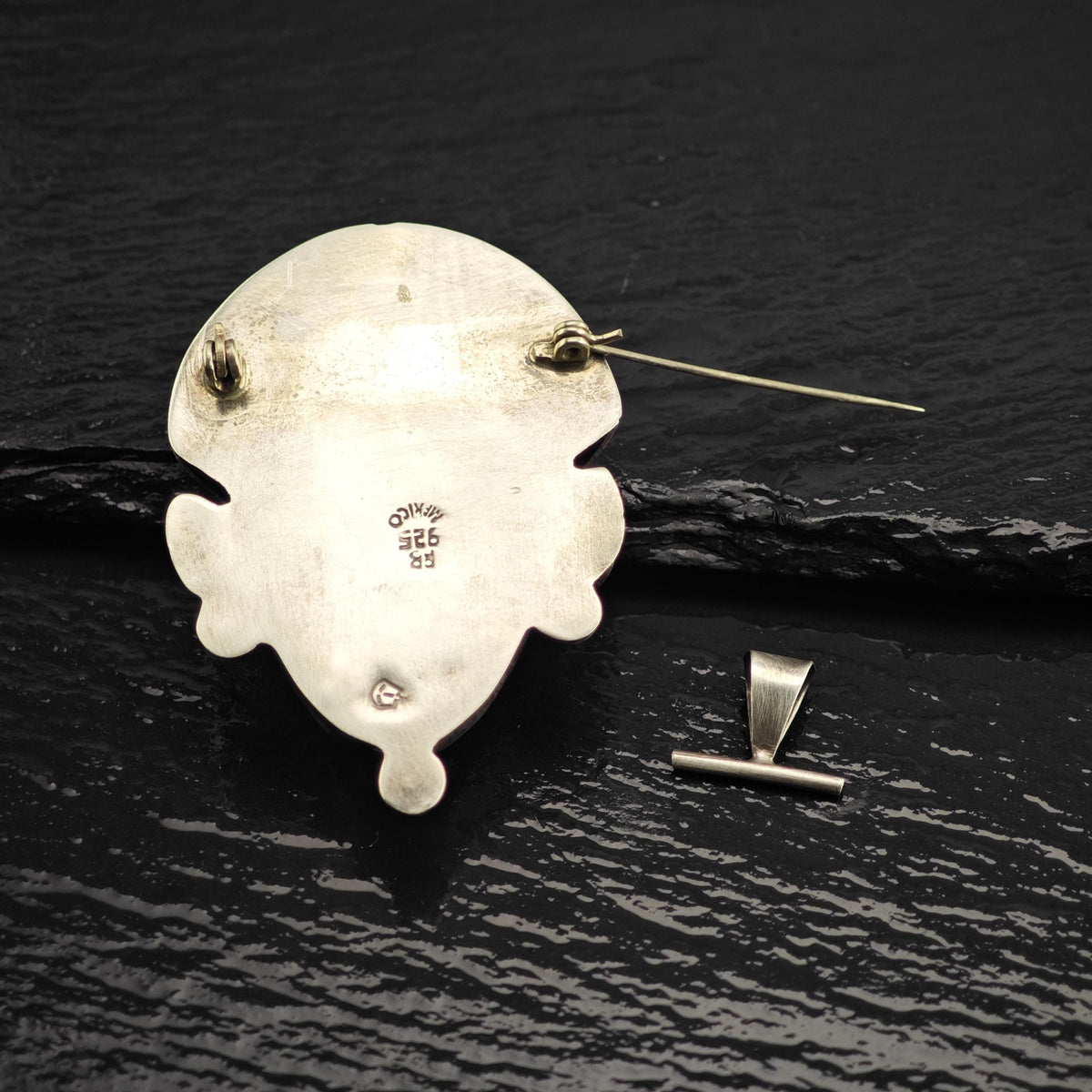 Carved Obsidian Face Sterling Silver Brooch/Pendant P3127