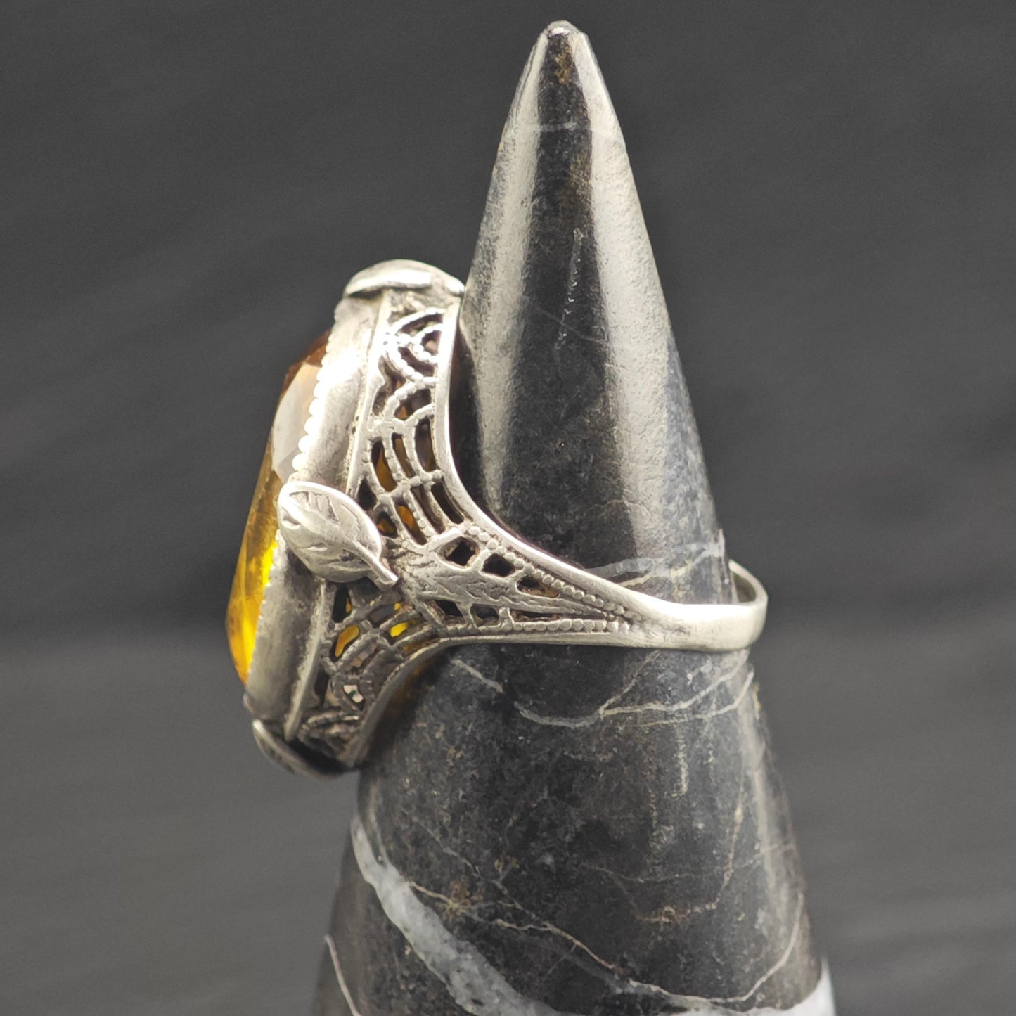 AS IS Art Deco Filigree Orange Paste Sterling Silver Ring Sz 5 3/4 R6675