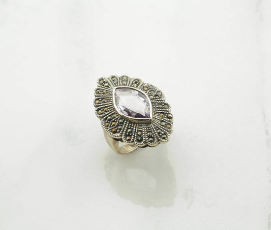 Art Deco Silver Ring Amethyst Marcasite Sterling Purple Size 6