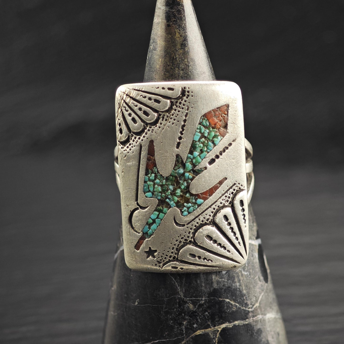 Leonard Haskie Inlay Thunderbird Ring Sterling Silver Sz 12 R6618