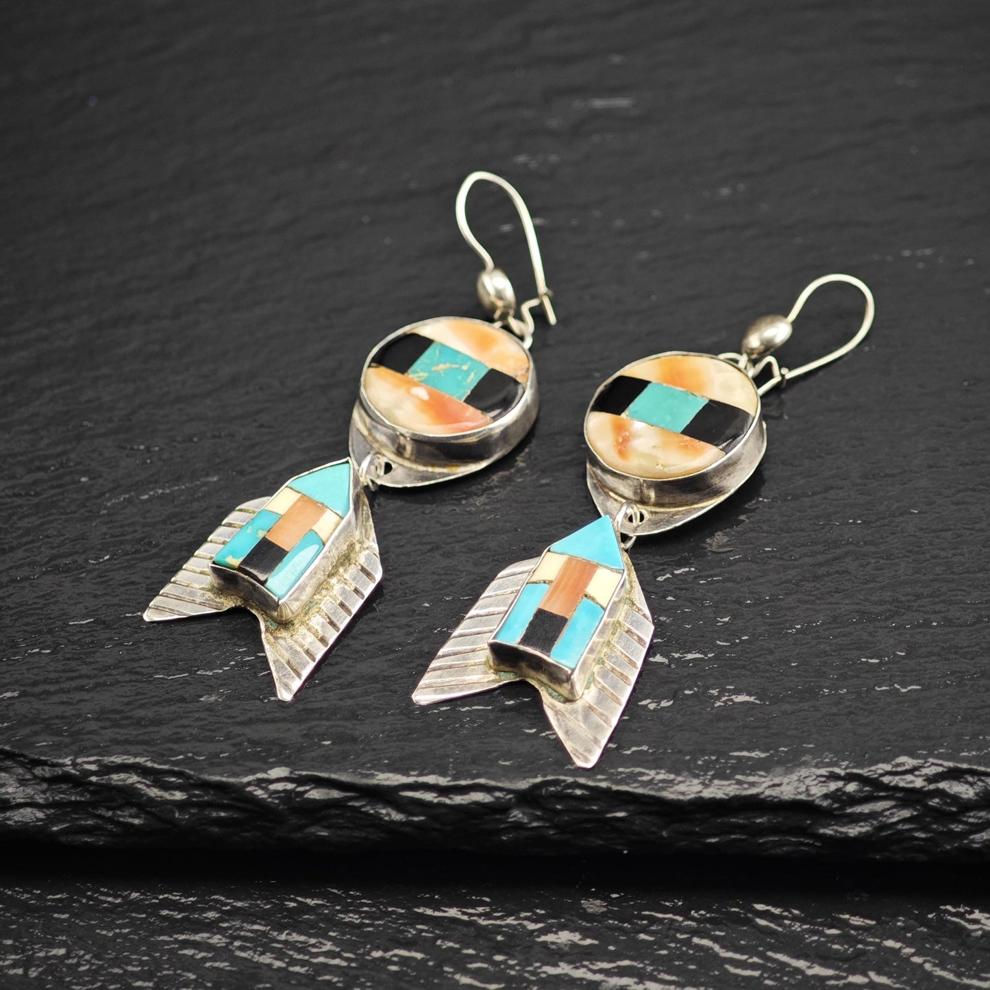 Vintage SW Style Inlay Arrowhead Kidney Wire Sterling Silver Earrings ER3198