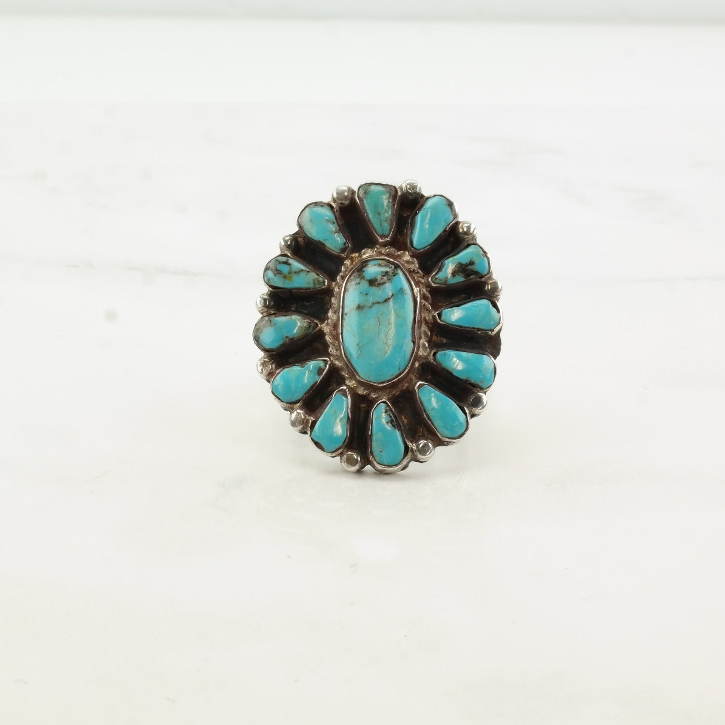 Native American Silver Ring Turquoise Cluster Sterling Size 9