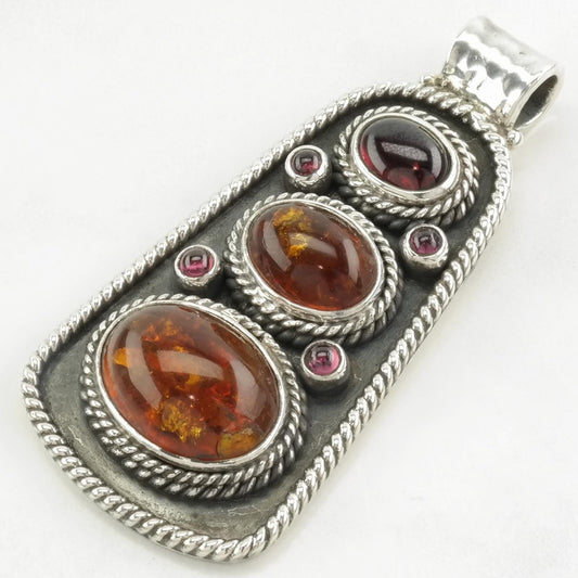 Vintage Amber Garnet Sterling Silver Pendant