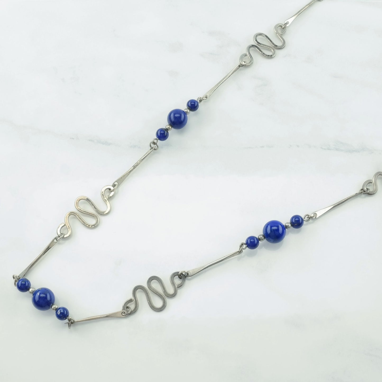 Vintage MCM, Studio Style Sterling Silver Blue Lapis Lazuli Snake Necklace