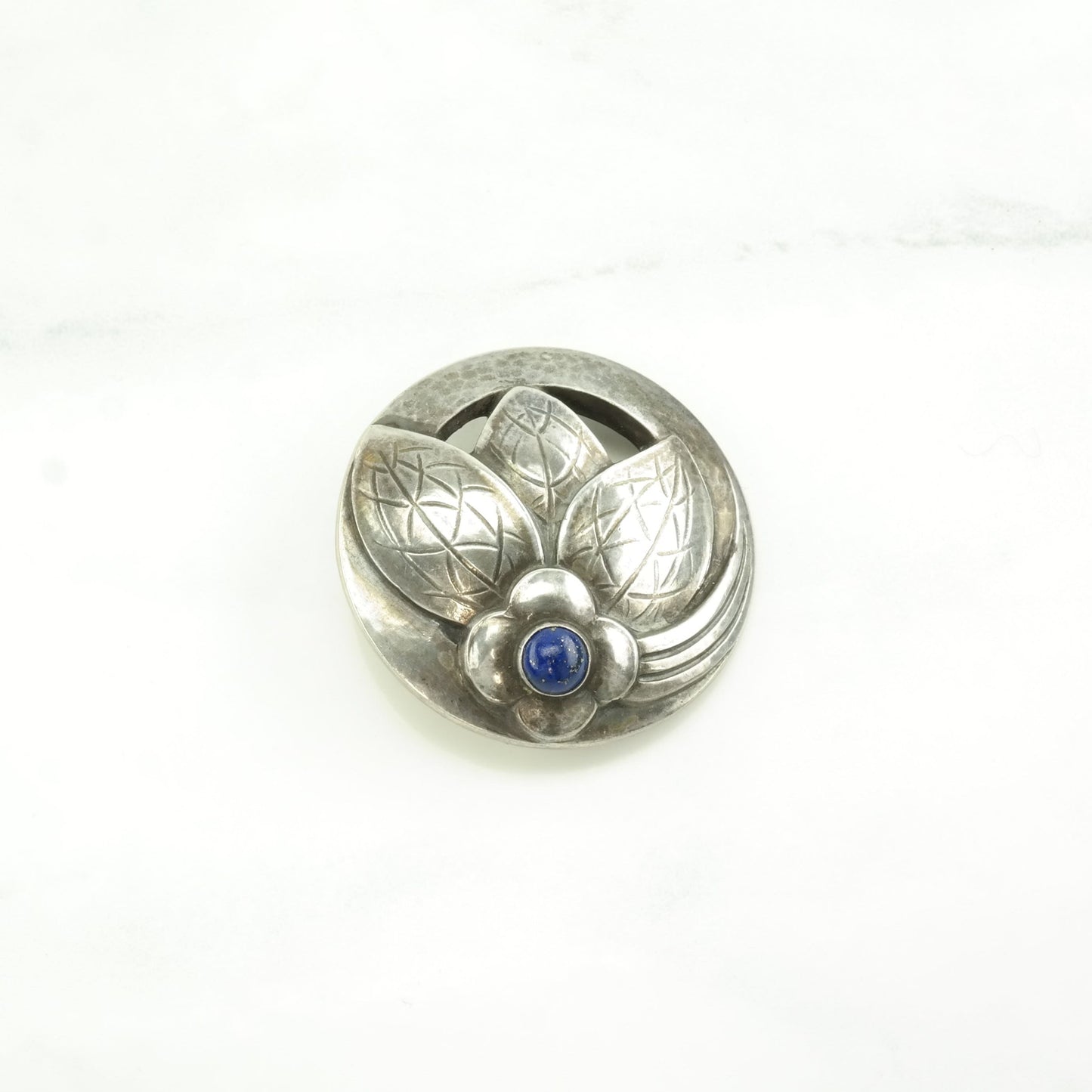 Early Georg Jensen Sterling Silver Brooch Floral Blue Lapis Lazuli